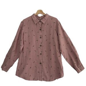 Kleen Linen Leaf Print Shirt Womens M Lagenlook Cottagecore Button Front Mauve